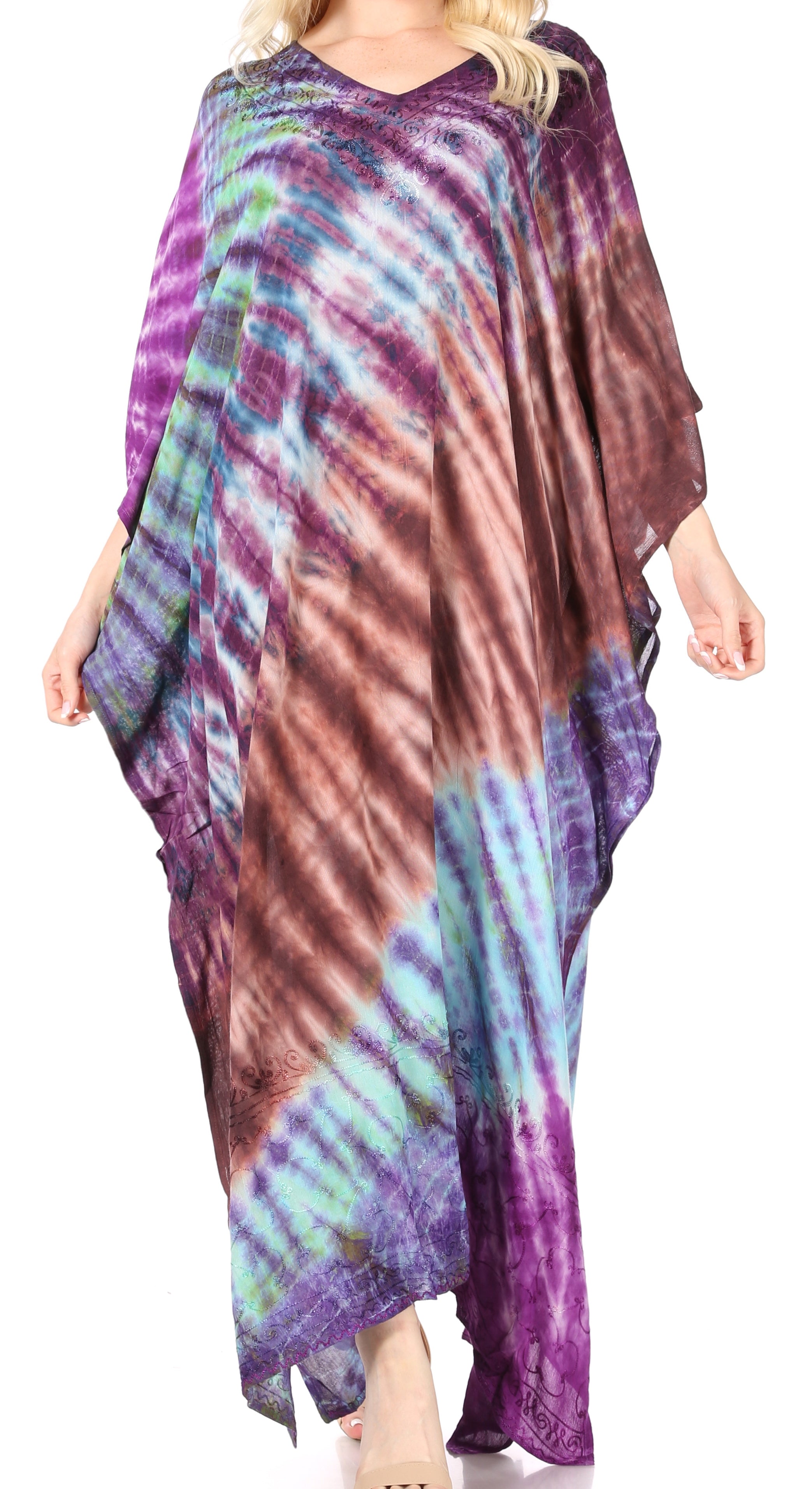 Tie-dye dress with a multicolor pattern on a white background