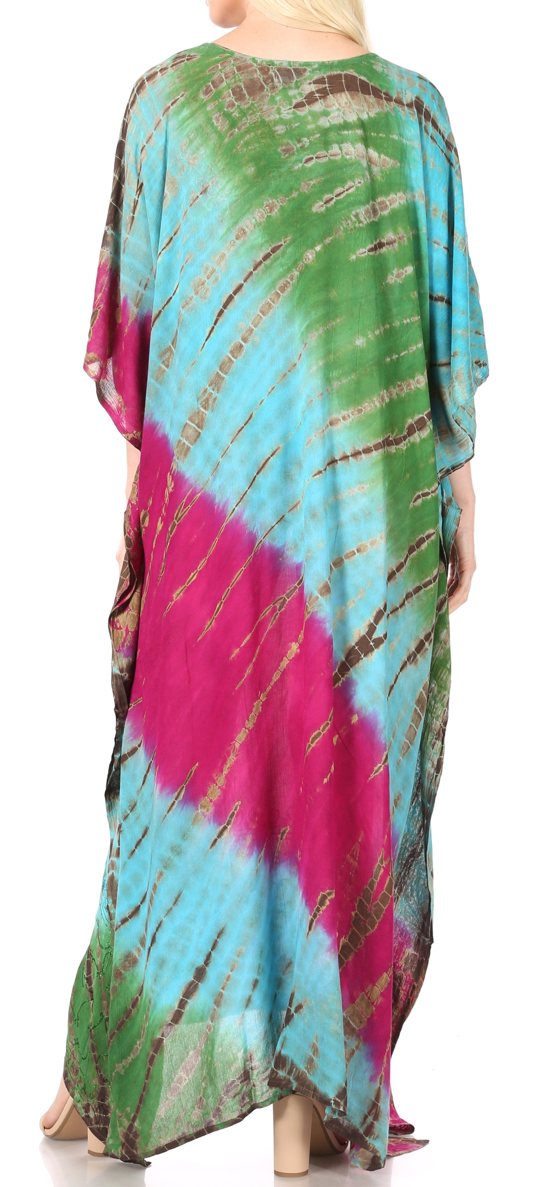 Multicolored tie-dye caftan worn by a person on a white background