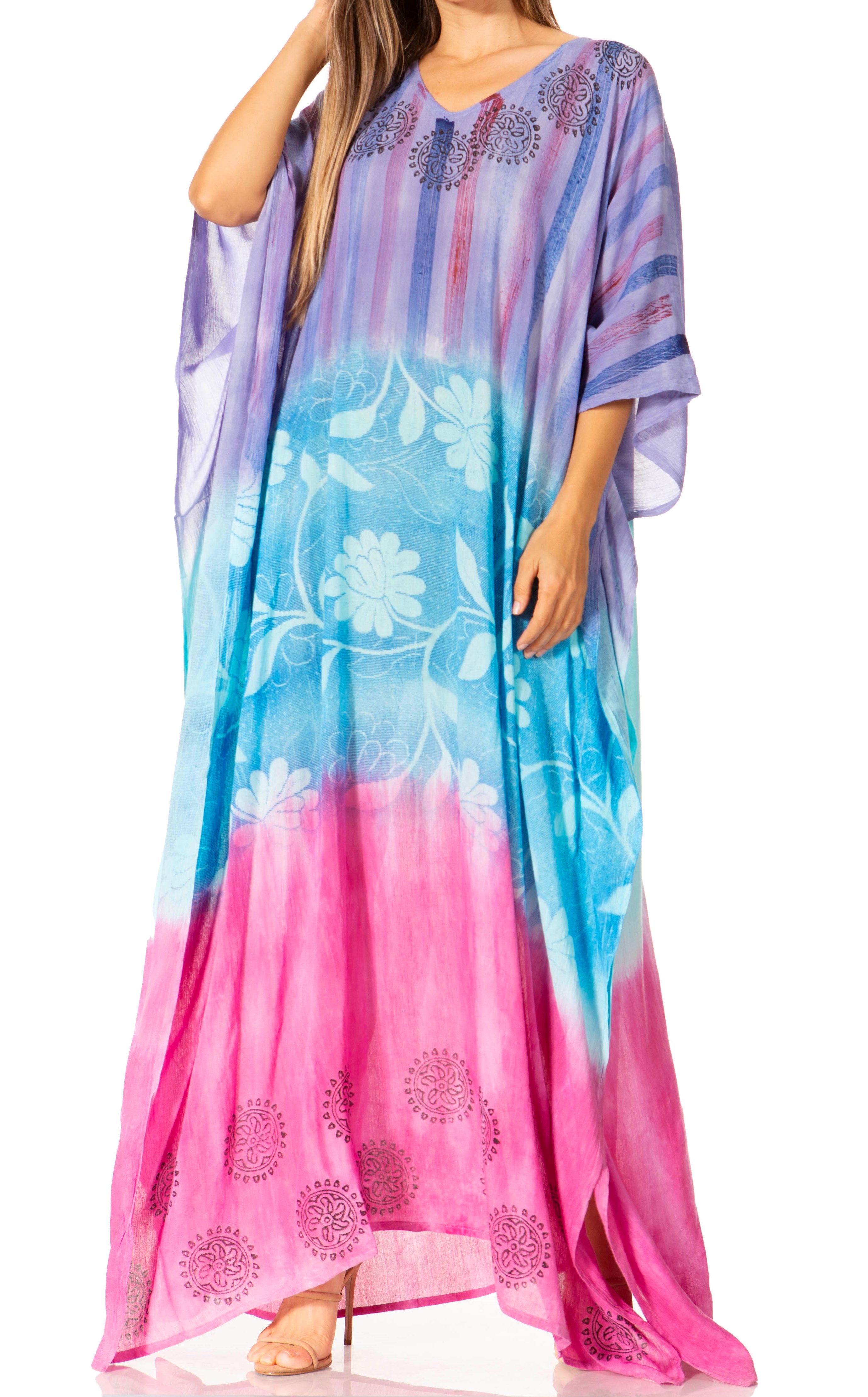 Long, colorful dress with floral patterns on a white background