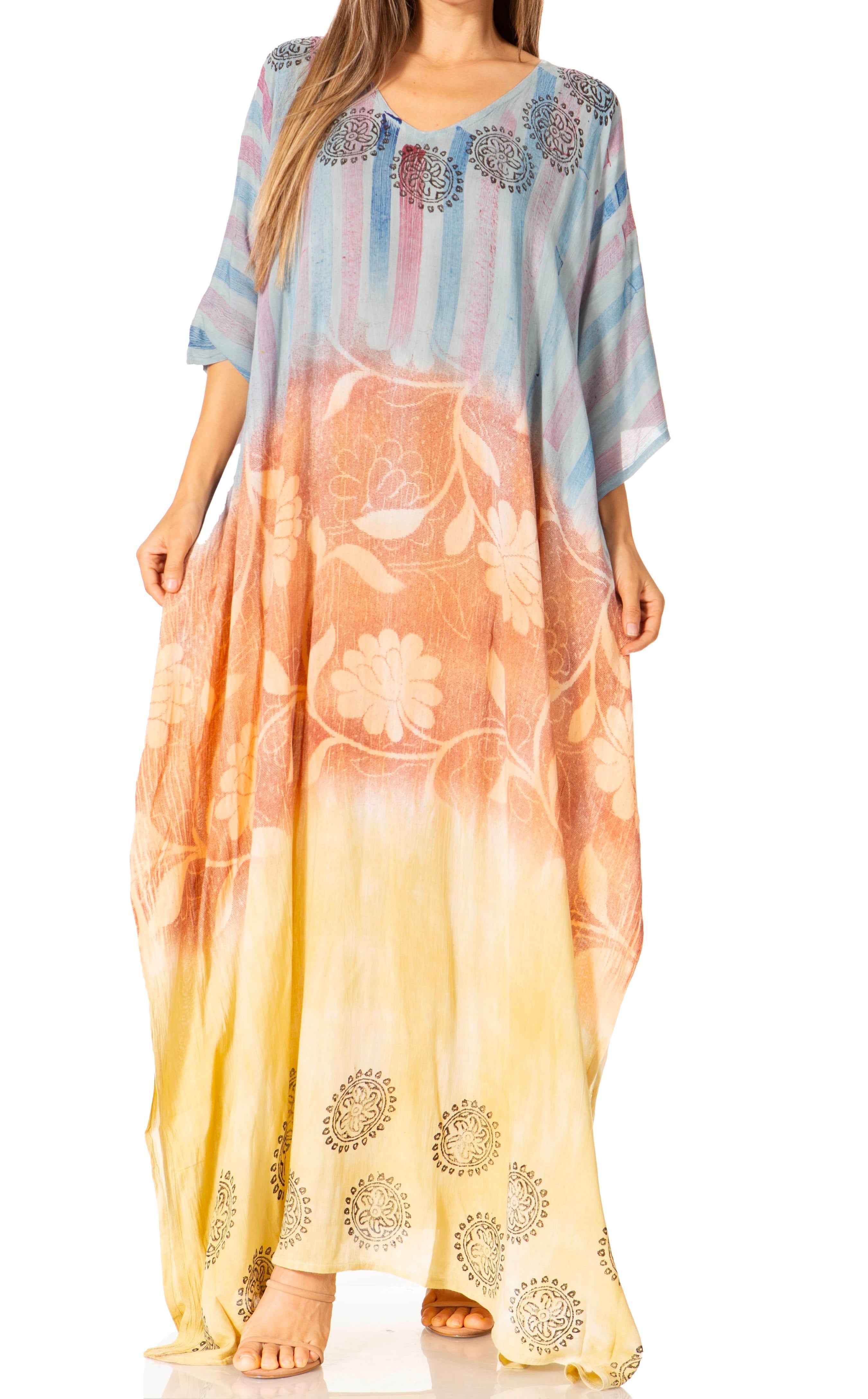 Long, colorful dress with floral patterns on a white background