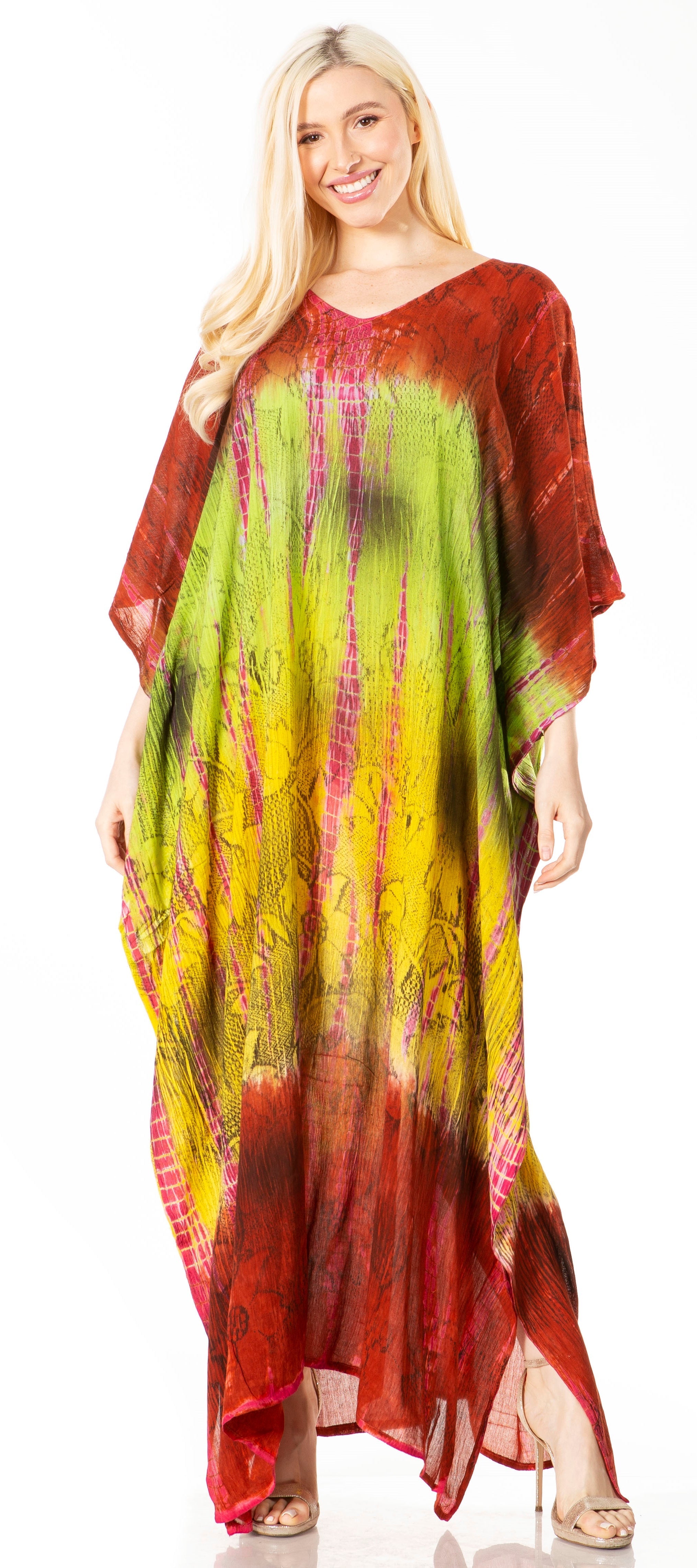 Woman wearing a colorful tie-dye dress on a white background