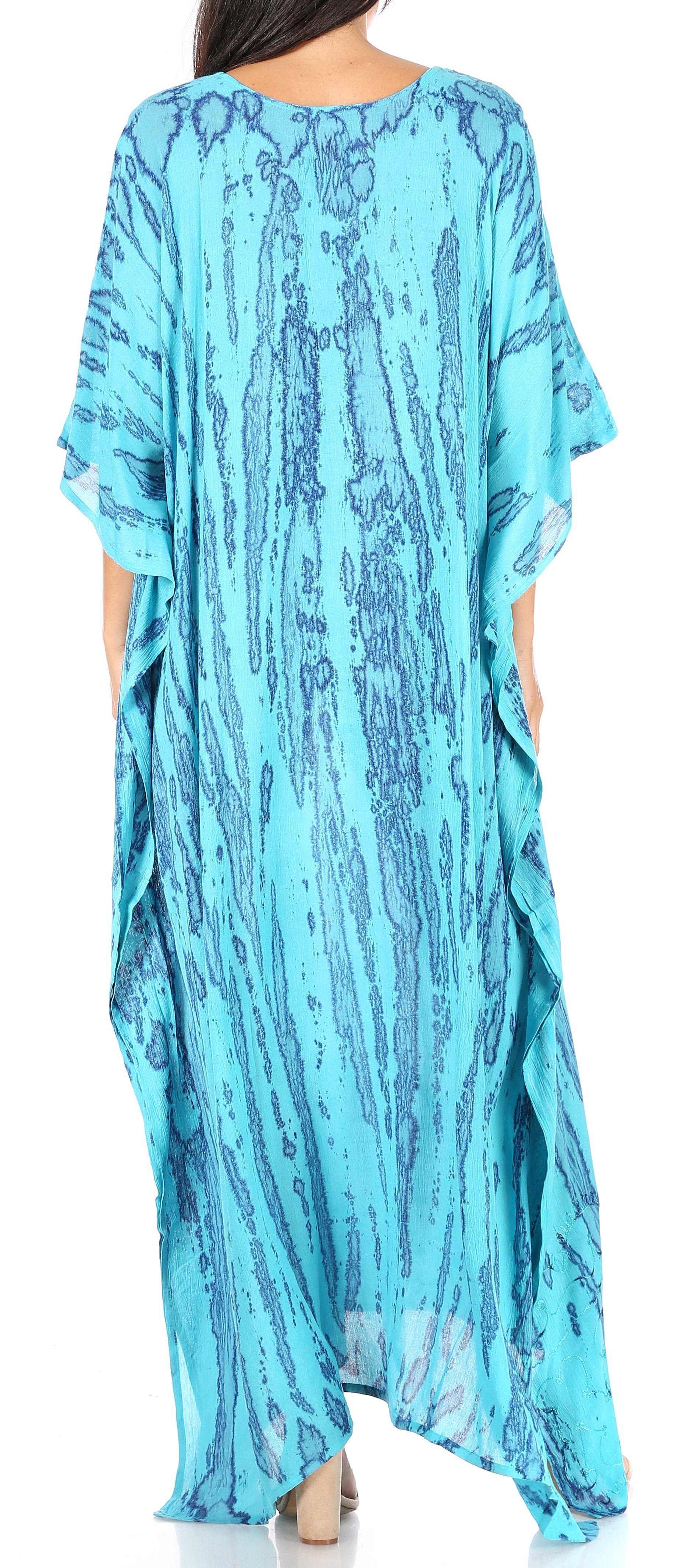 Light blue patterned dress worn by a person on a white background