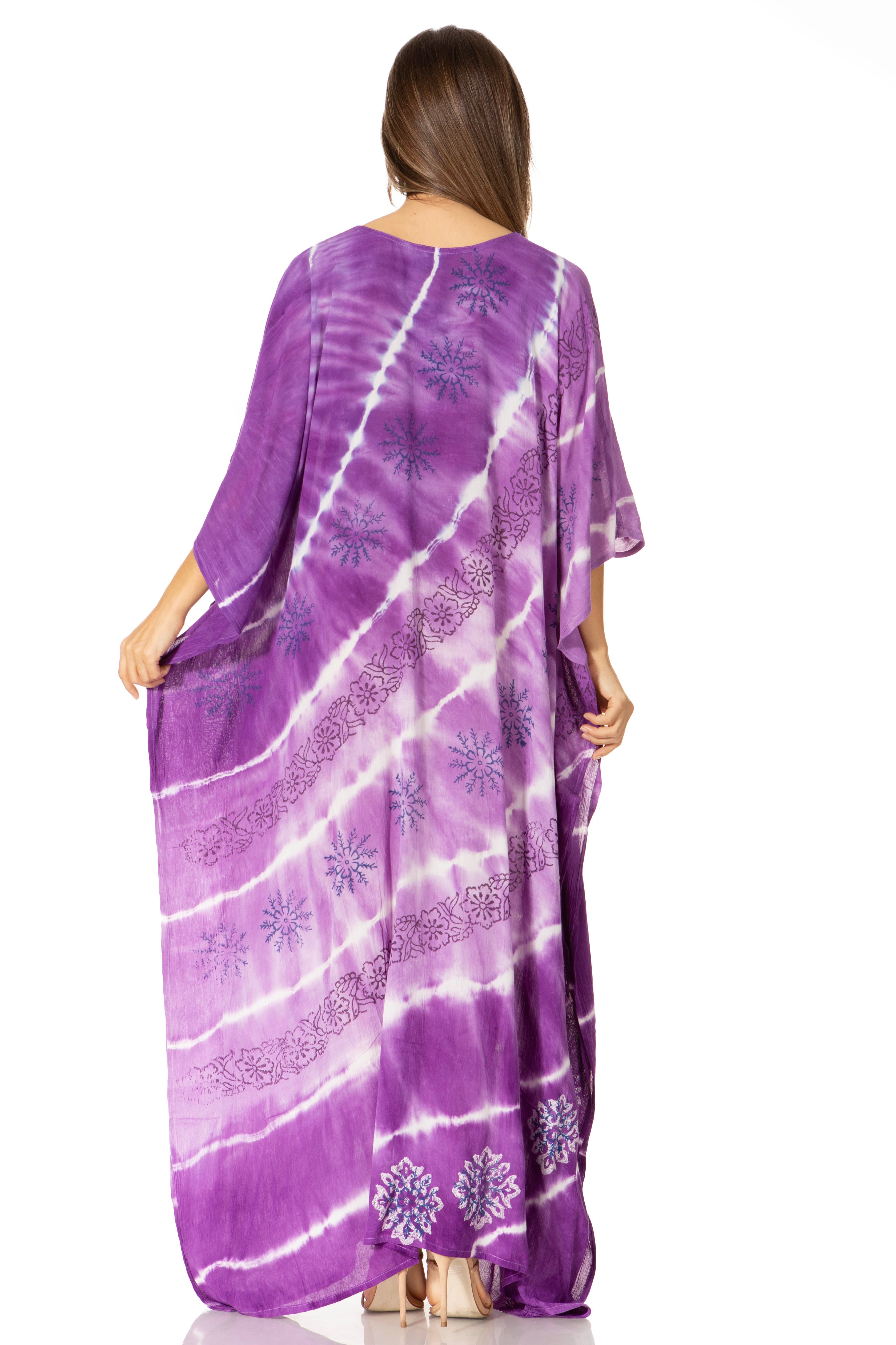 Purple tie-dye dress with white patterns on a white background