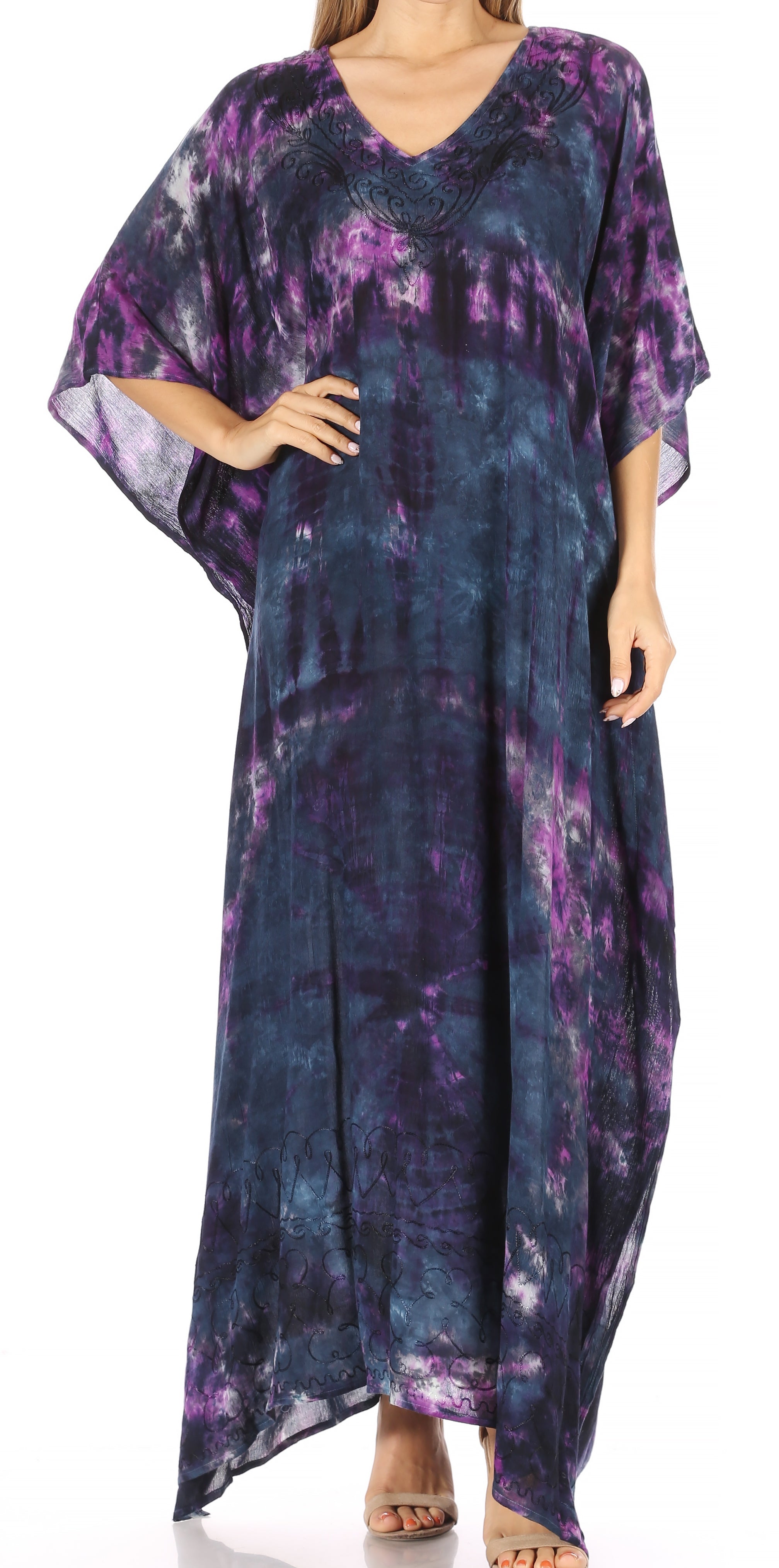 Long, tie-dye dress with purple and blue patterns on a white background