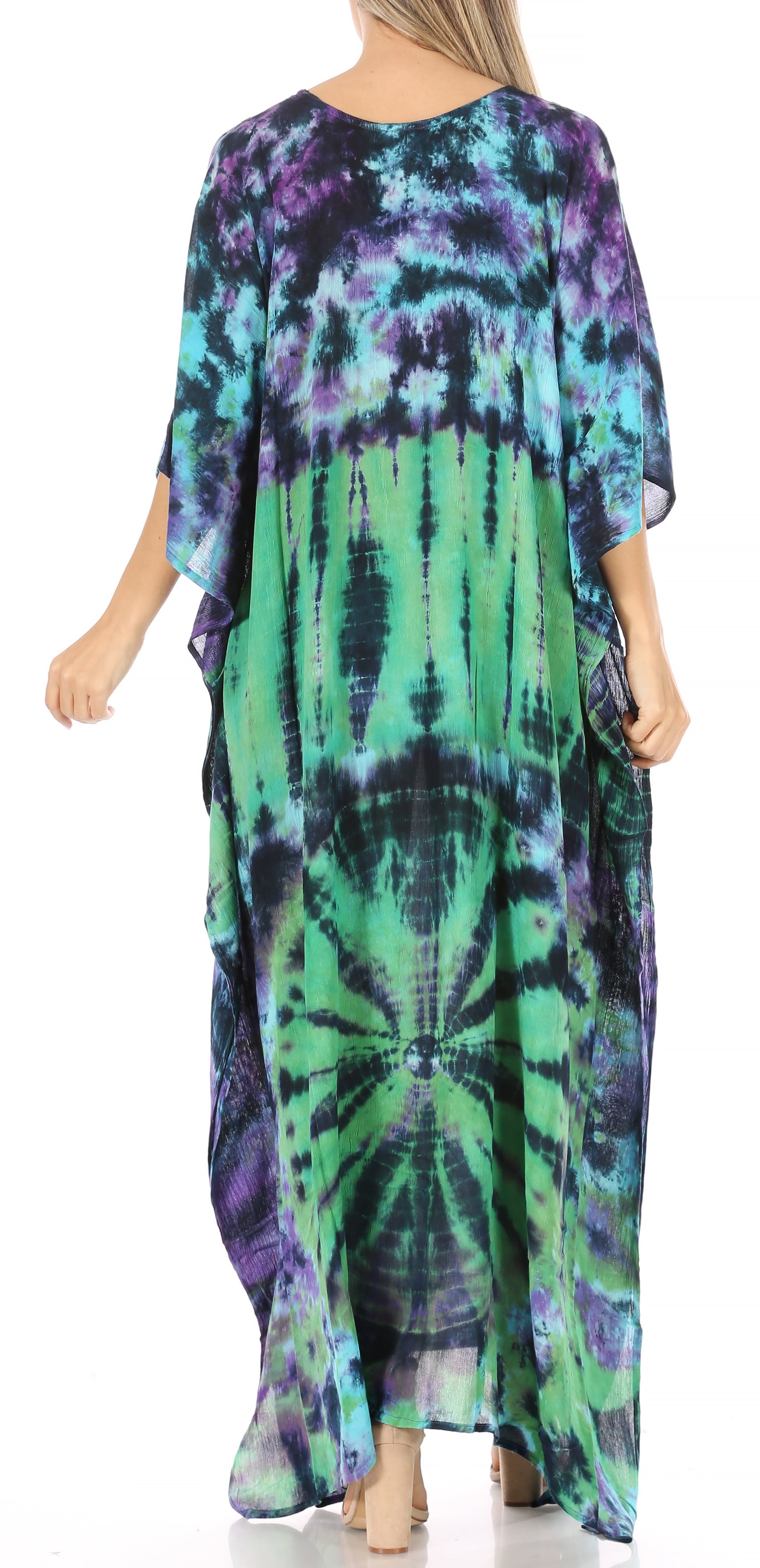 Tie-dye caftan dress with a colorful pattern on a white background