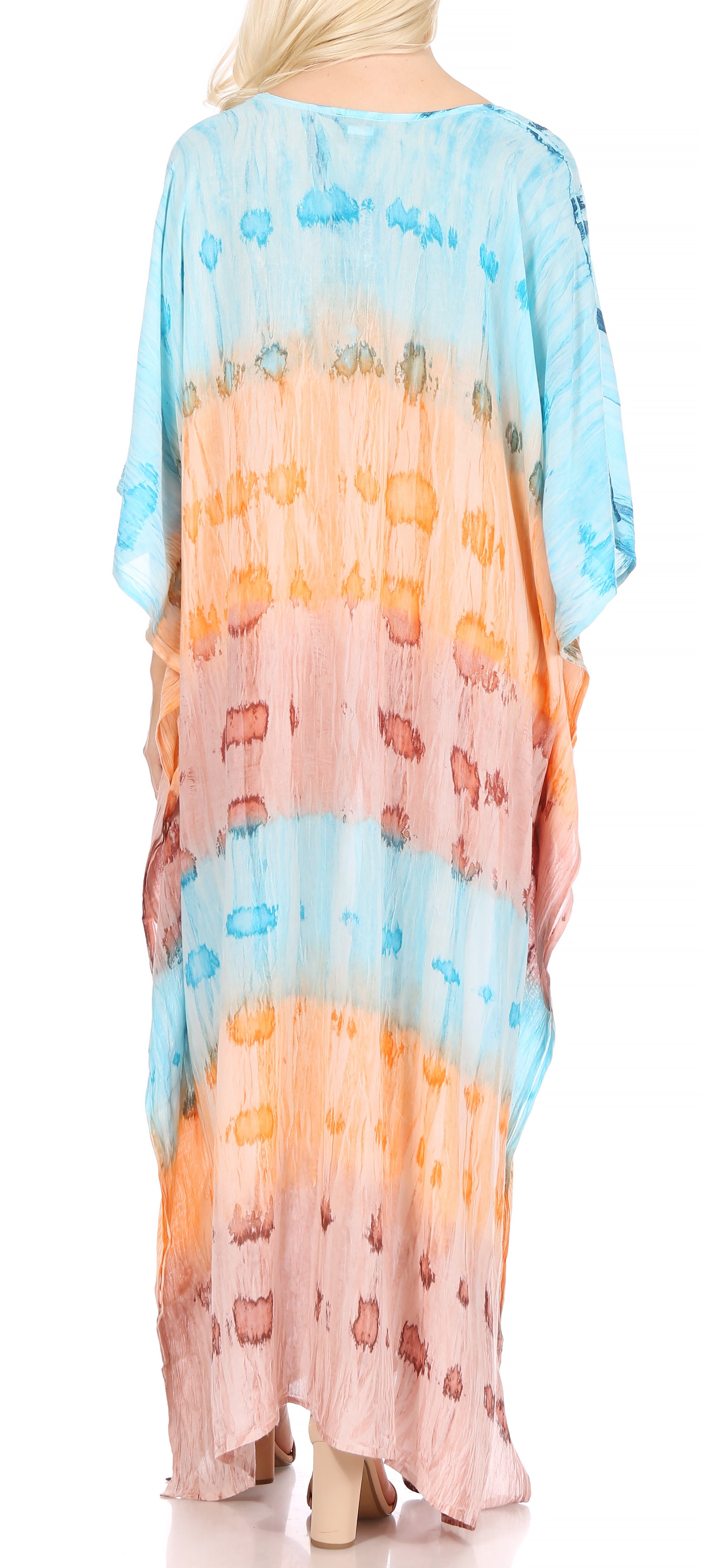 Colorful tie-dye dress with a gradient from blue to orange on a white background