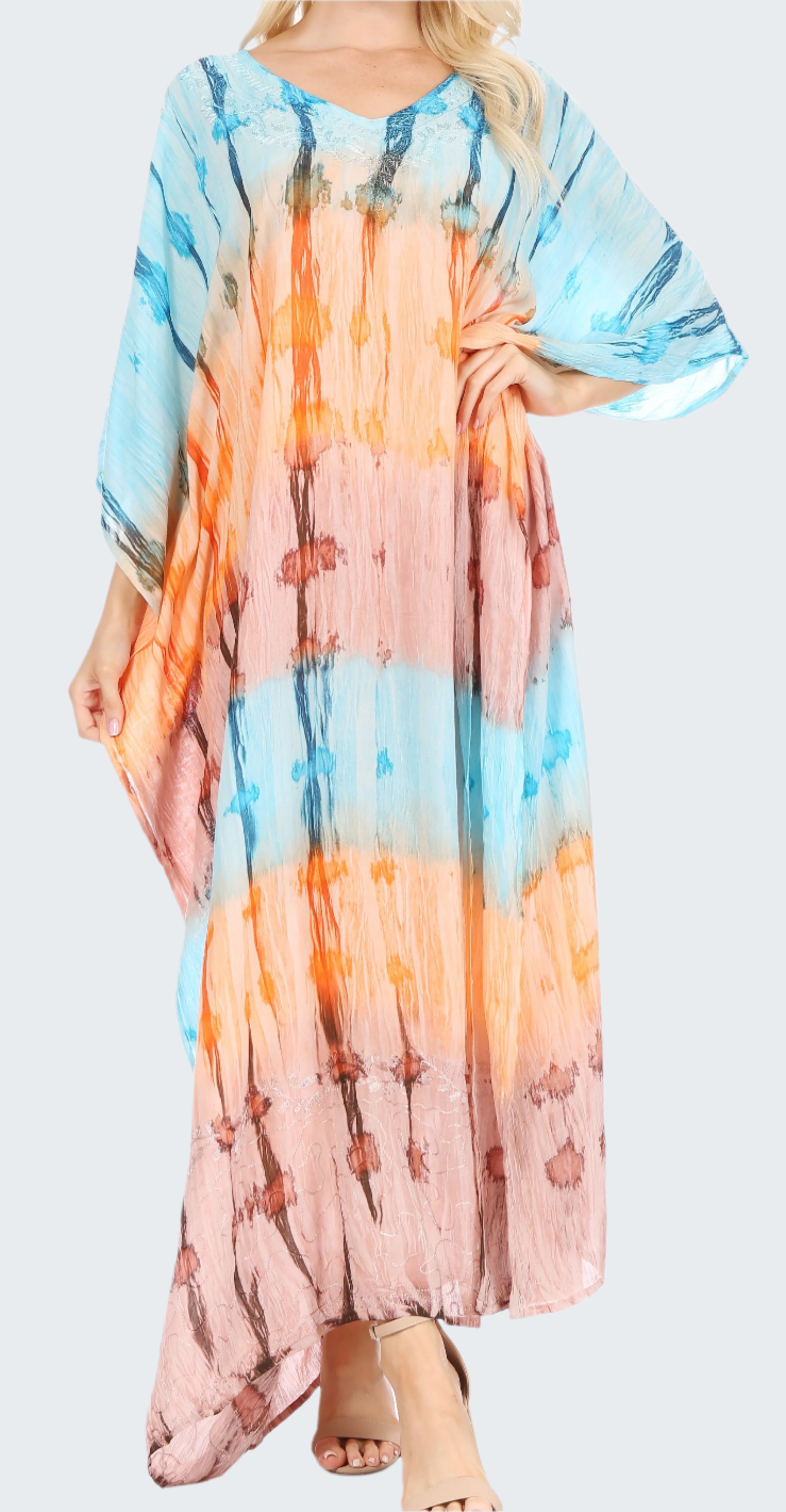Colorful tie-dye dress with a pattern on a white background