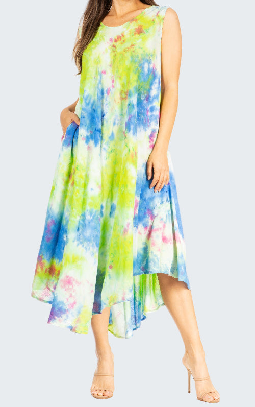 Woman wearing a colorful floral dress on a white background