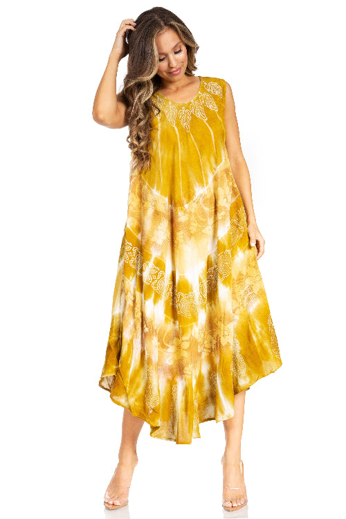 Woman wearing a yellow tie-dye dress on a white background