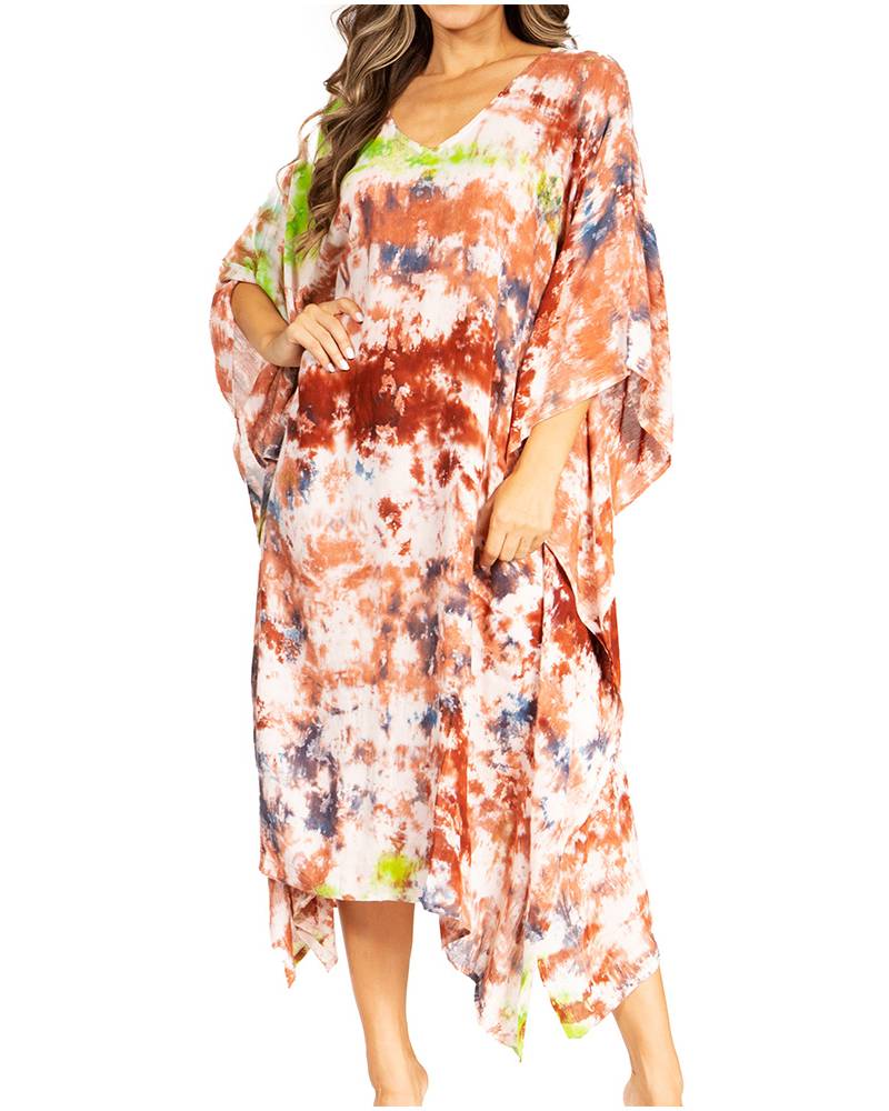 Woman wearing a colorful tie-dye dress on a white background