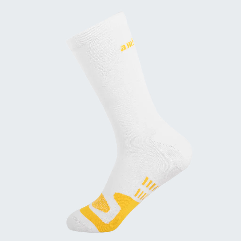 White sock with yellow accents on a white background