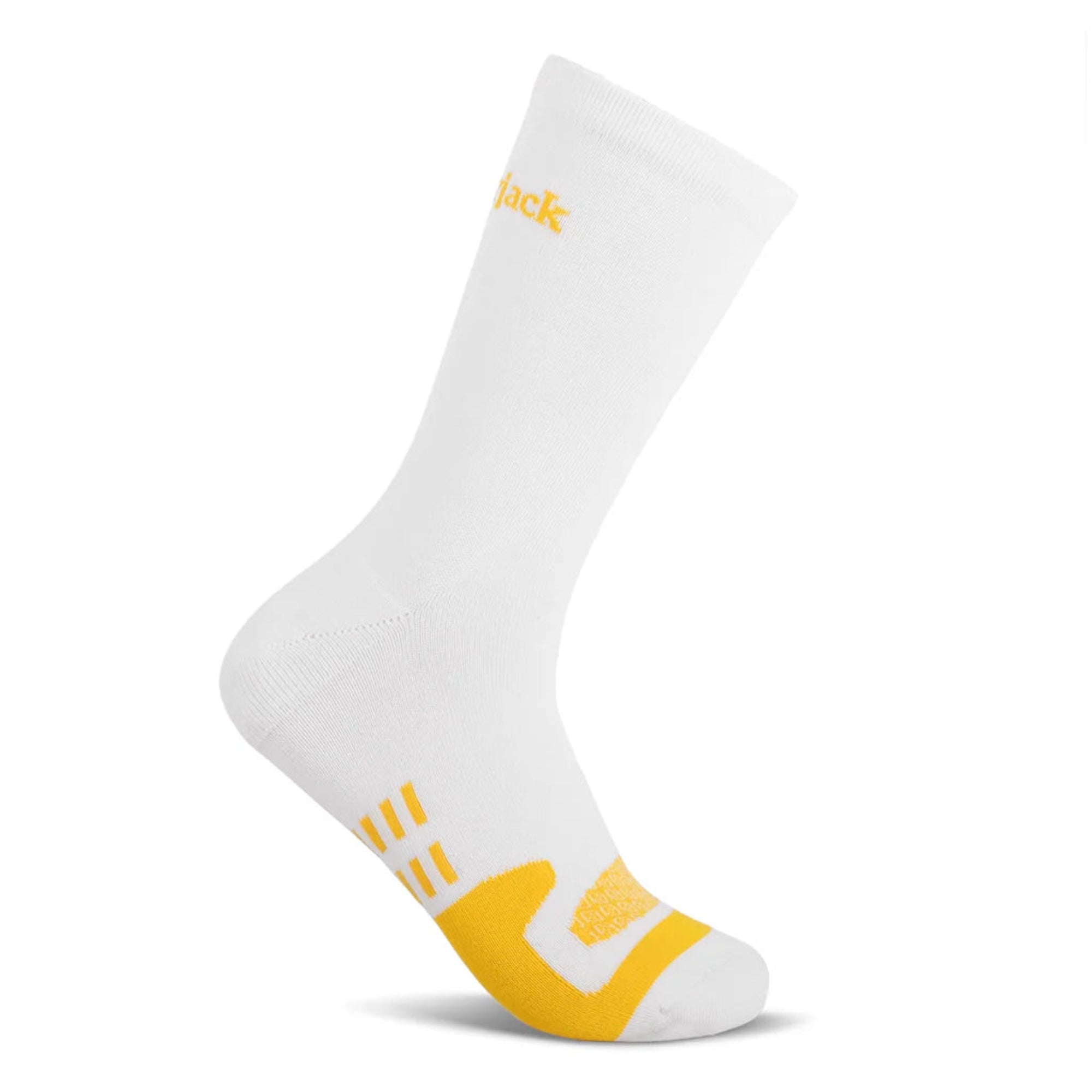 White sock with yellow accents on a white background