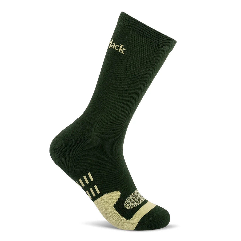 Green sock with brand logo on a white background