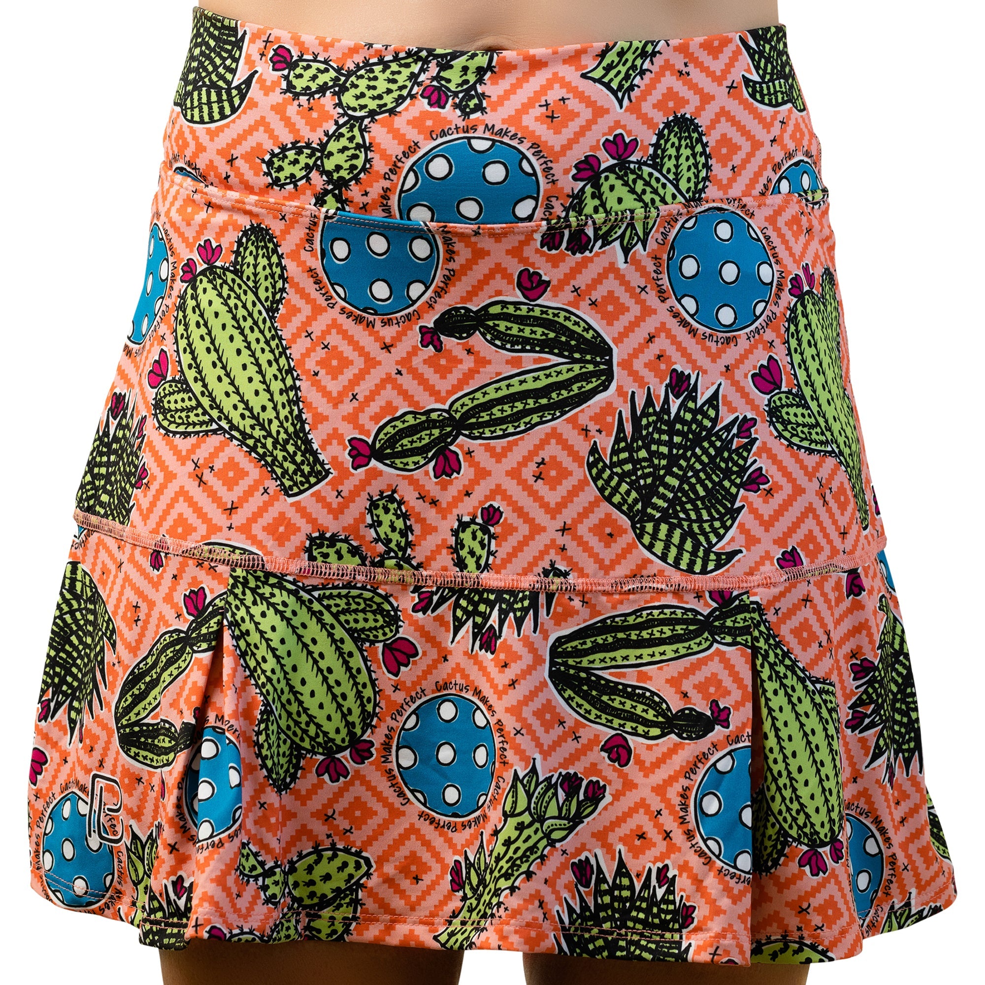 Skirt with cactus and polka dot pattern on an orange background