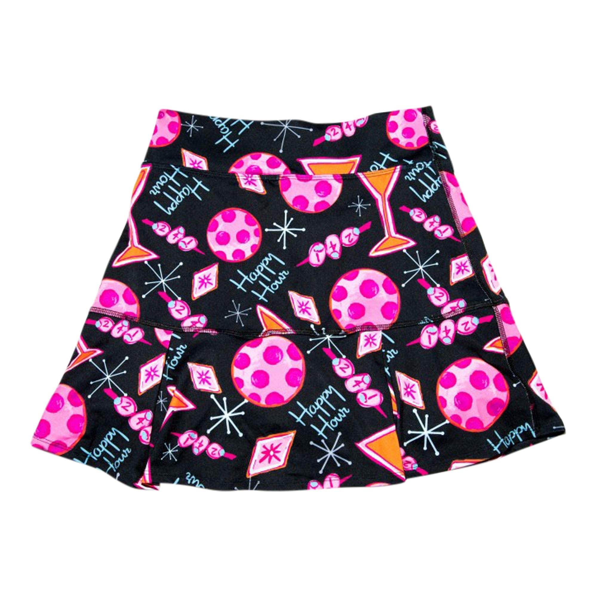 Skirt with pink and orange cocktail pattern on a black background