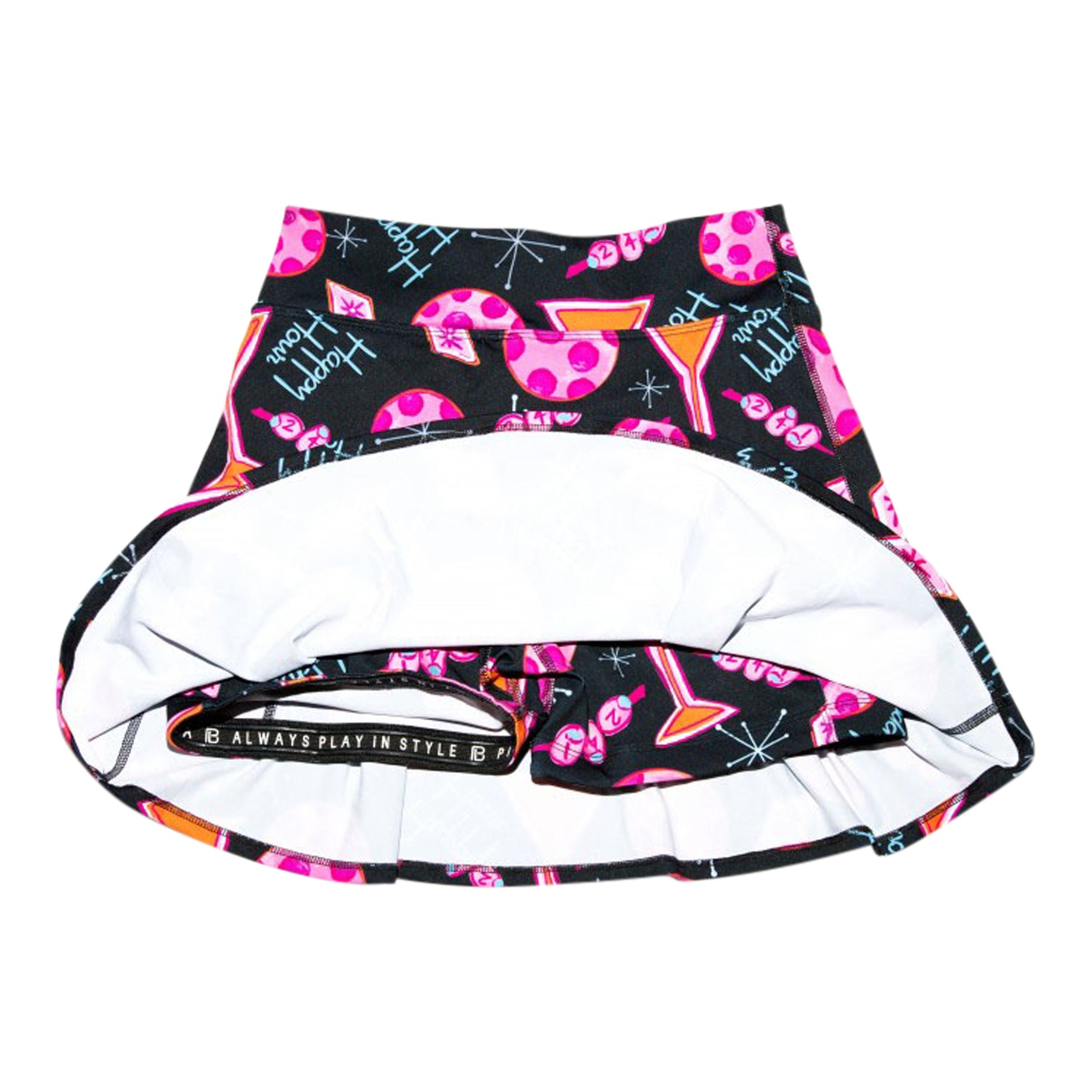 Skirt with colorful flamingo and cocktail pattern on a black background