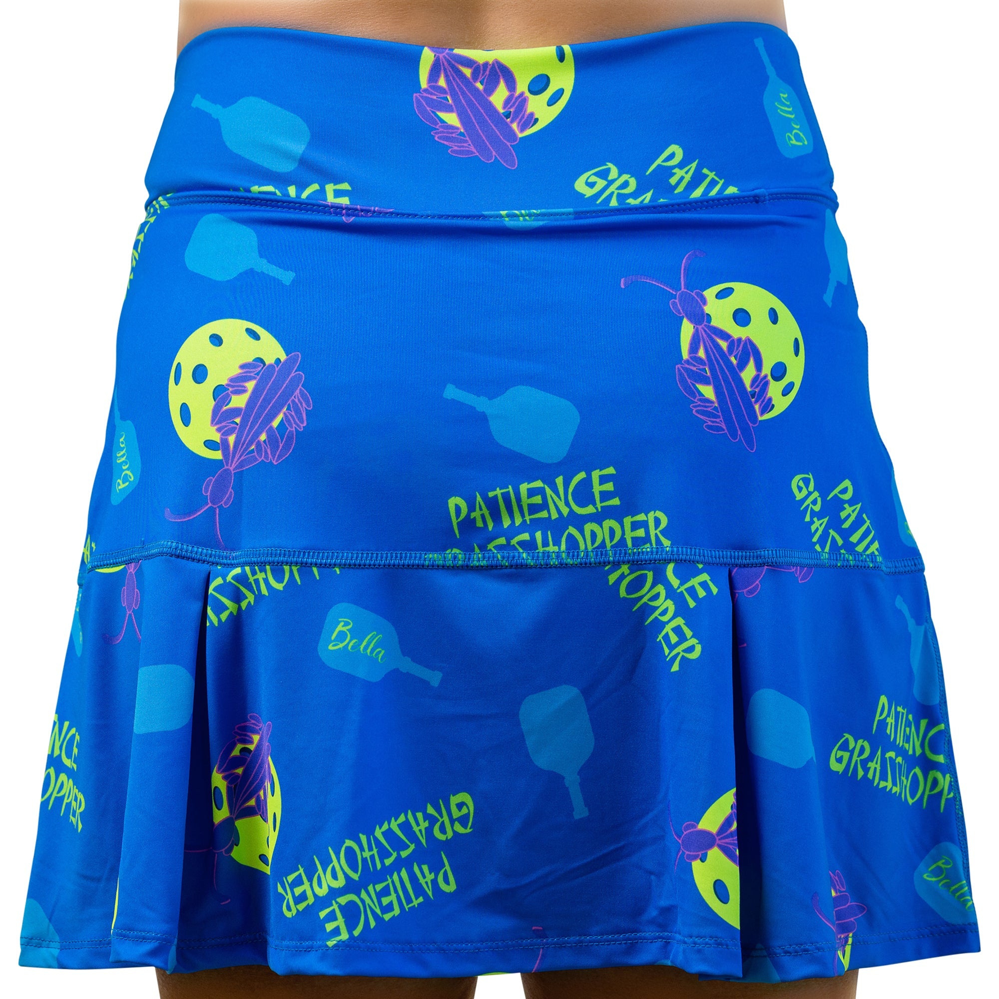 Blue skirt with paddle and text design on a white background
