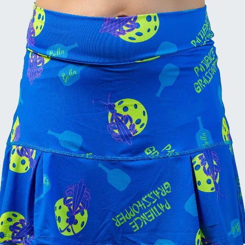 Blue skirt with colorful patterns on a white background