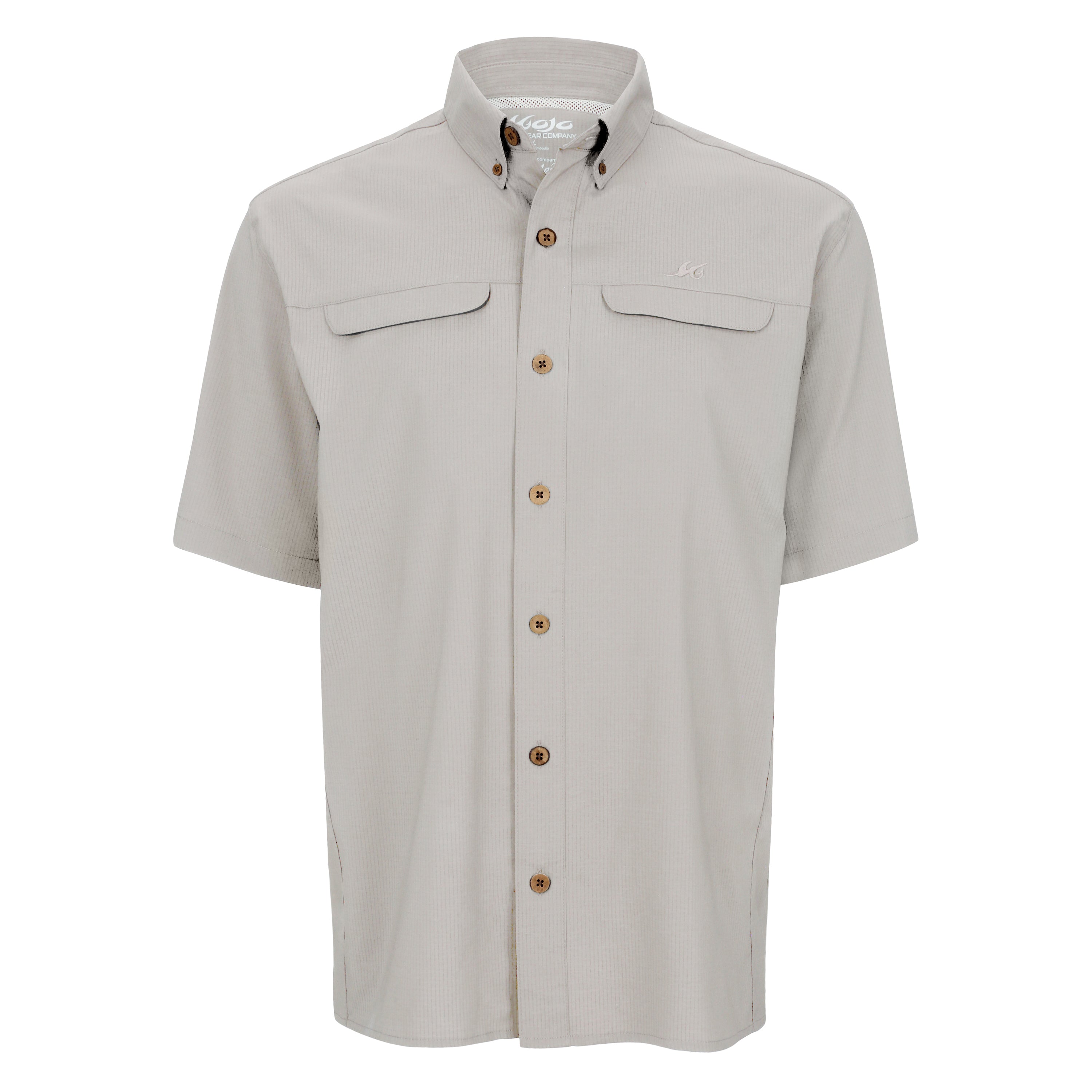 Beige short-sleeve shirt with button details on a white background