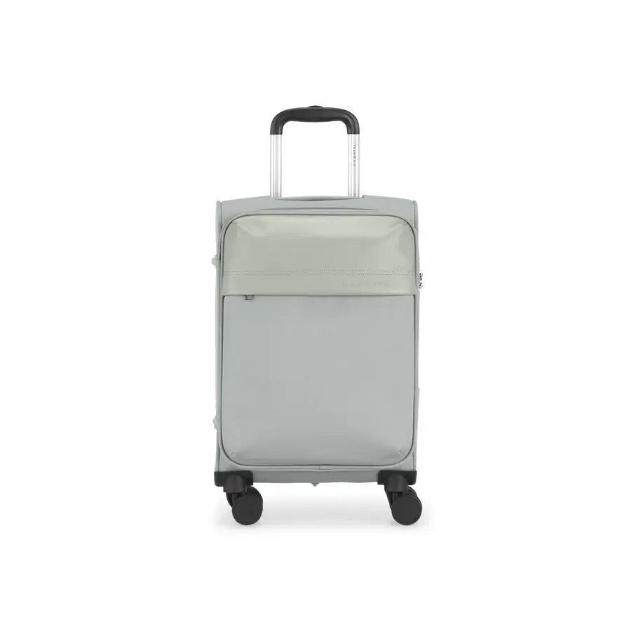 Gray suitcase with wheels on a white background