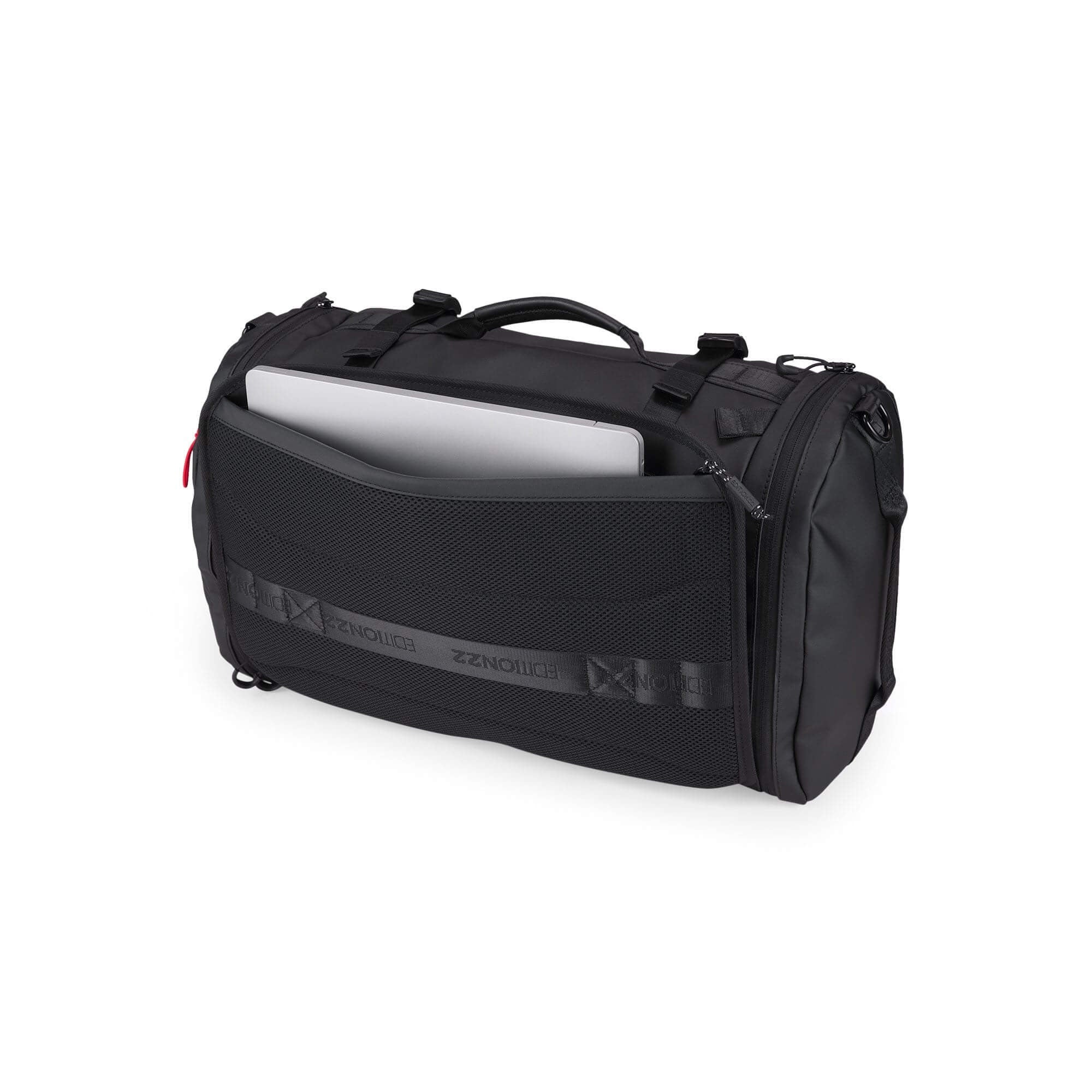Black travel duffel bag with a laptop compartment on a white background