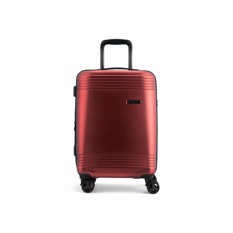Red suitcase with a black handle on a white background