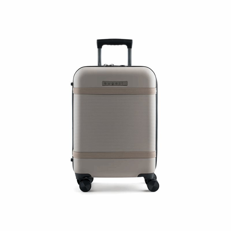 Beige suitcase with a brown band on a white background
