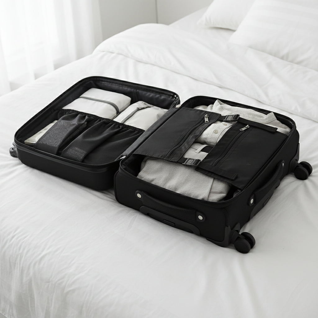Black suitcase with open lid showing white clothing inside on a white background