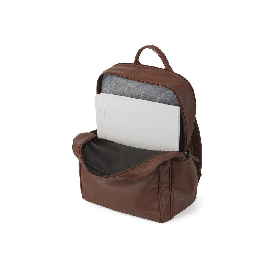 Brown leather backpack with a laptop compartment on a white background