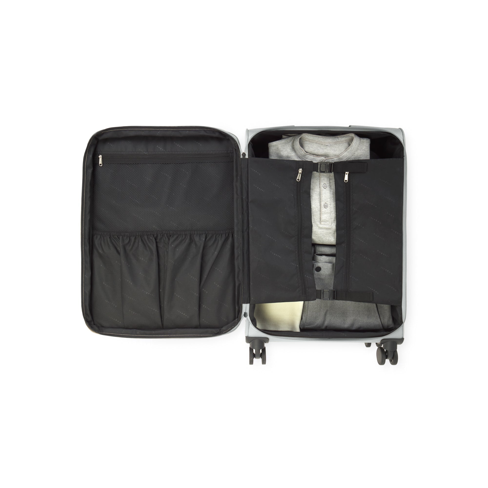 Black suitcase with open compartment showing organized clothes on a white background