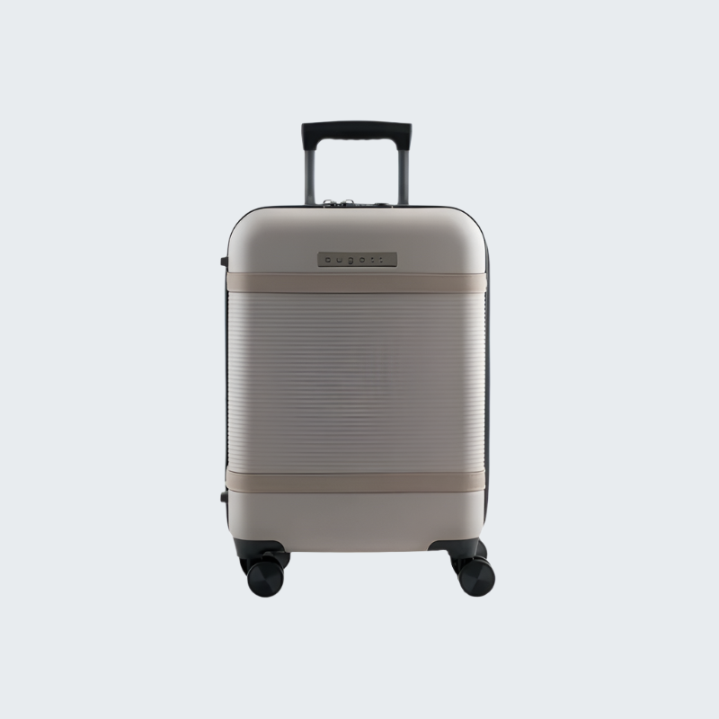 Beige suitcase with a brown band on a white background
