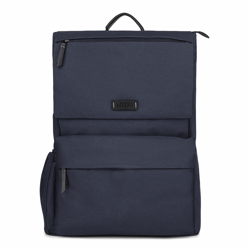 Navy blue backpack with a brand label on a white background
