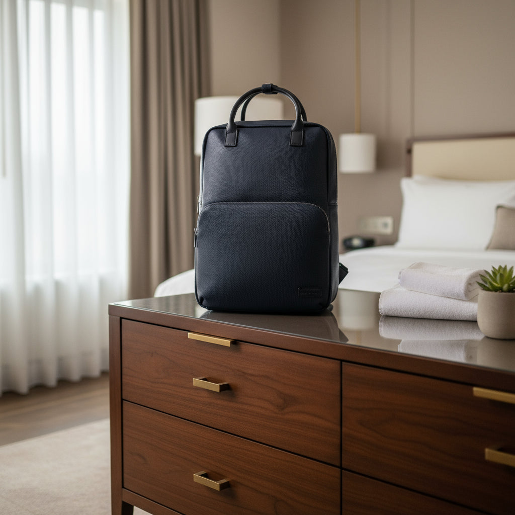 Black backpack on a white background