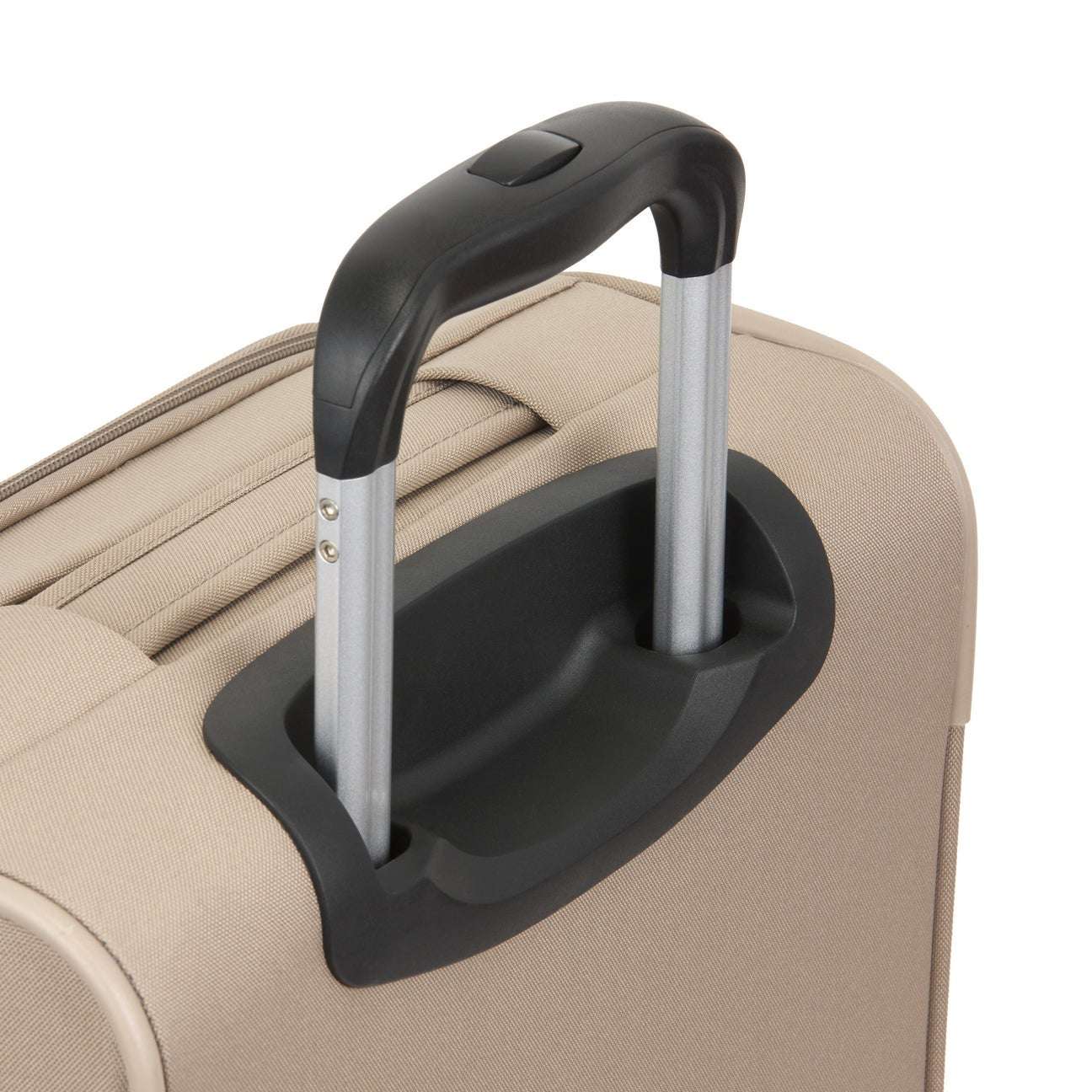 Beige suitcase with a black handle on a white background