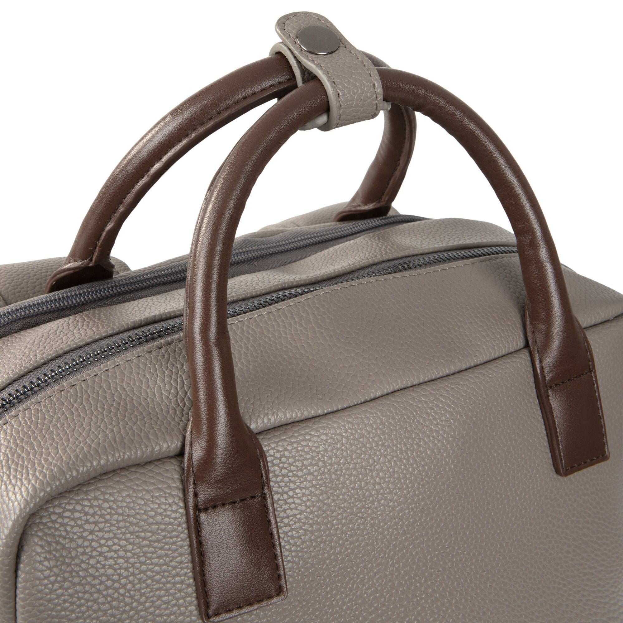 Close-up of a gray leather bag with brown handles on a white background