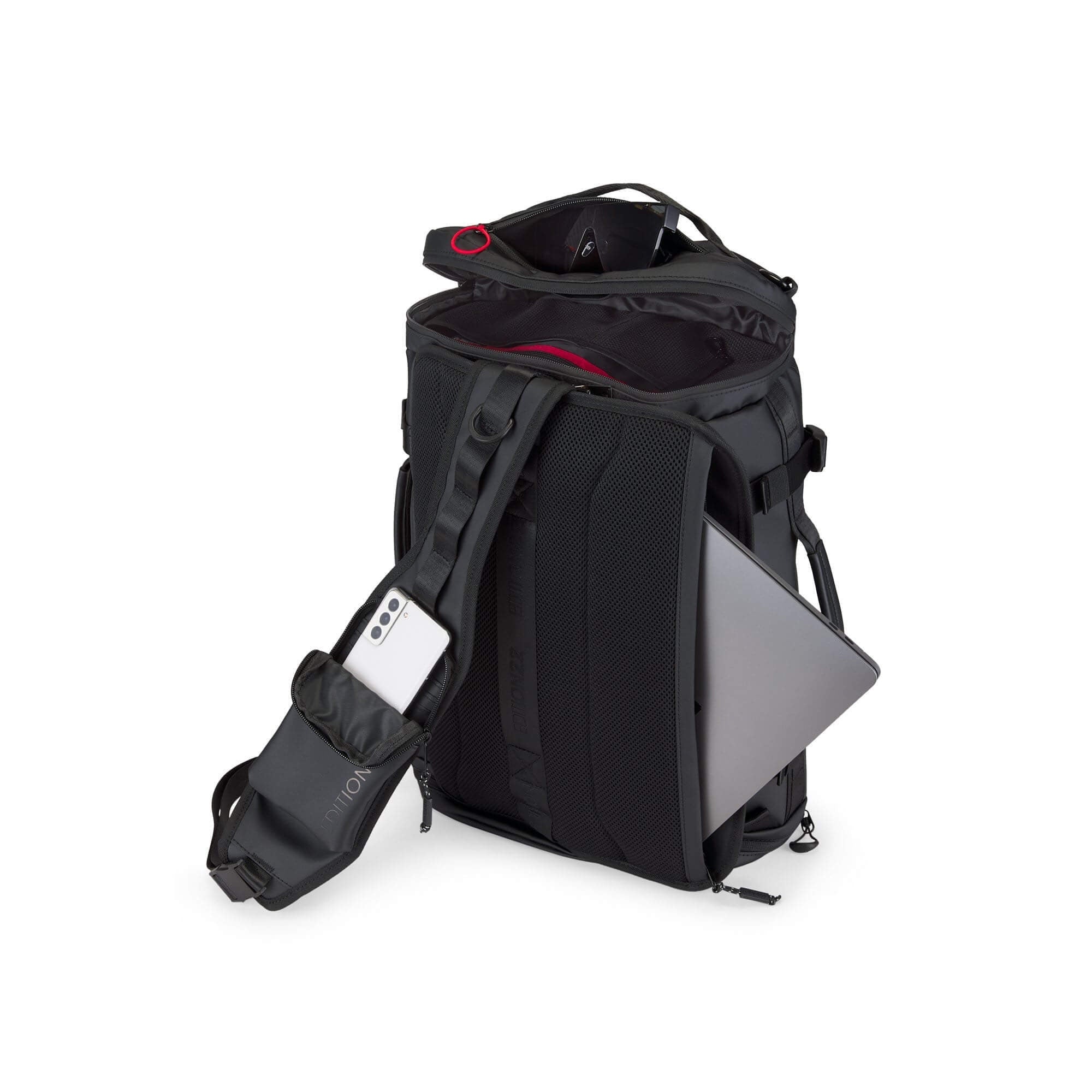 Black backpack with a laptop compartment on a white background