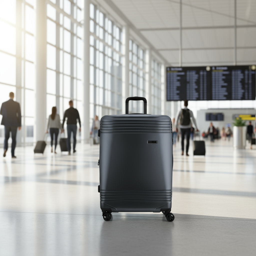 Black suitcase with a visible brand logo on a white background