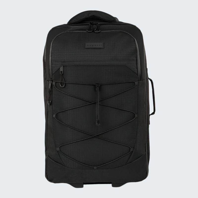 Black backpack with multiple compartments on a white background