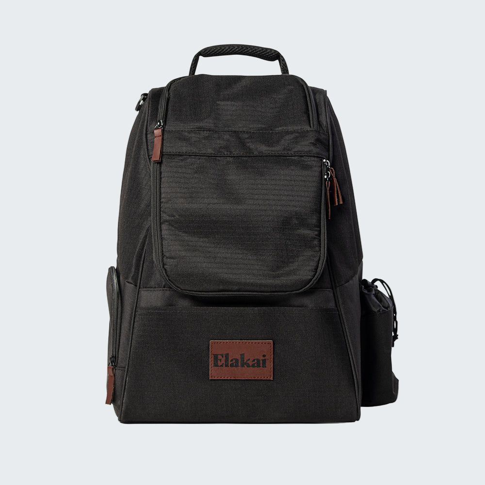 Black backpack with a visible Elakai logo on a white background