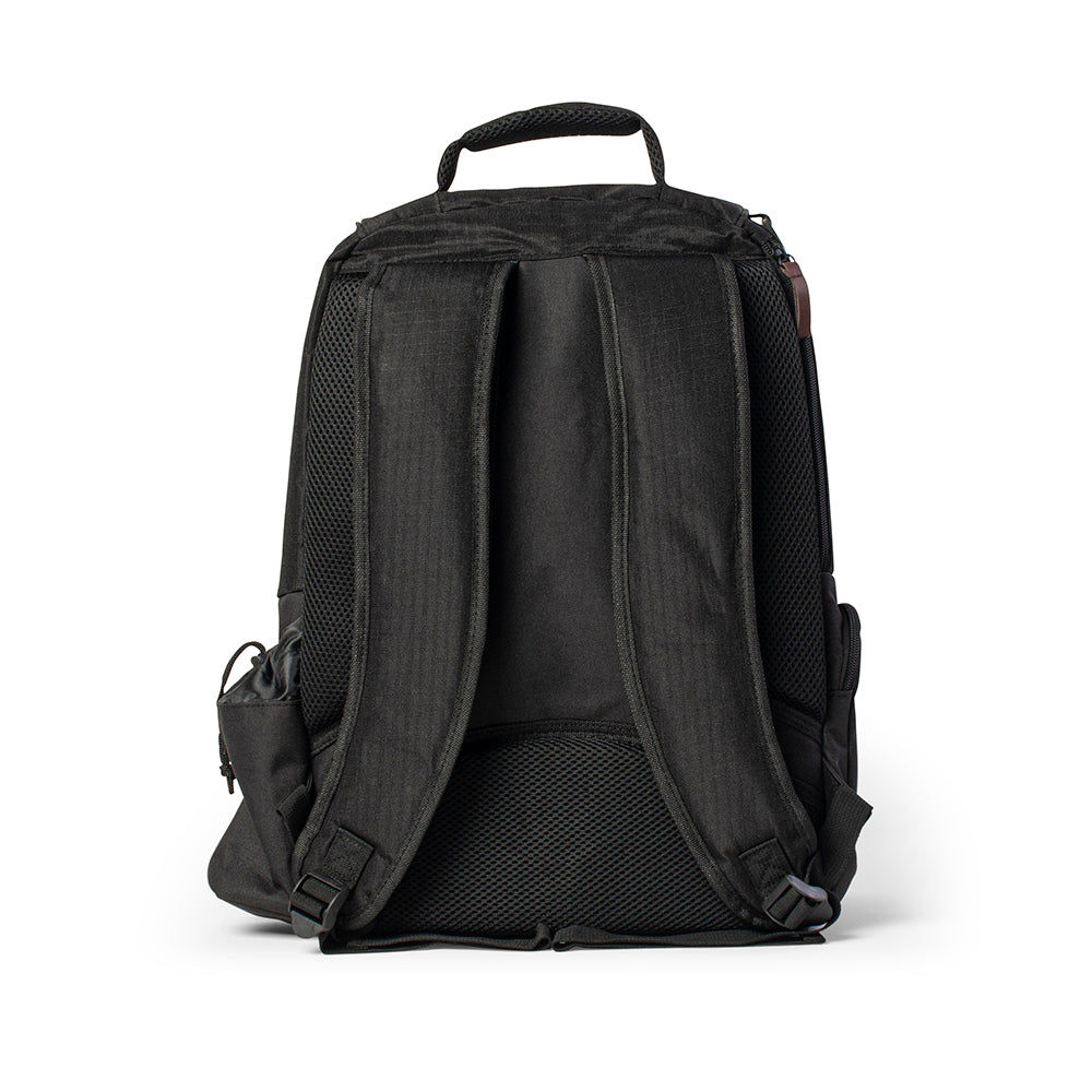 Black backpack on a white background