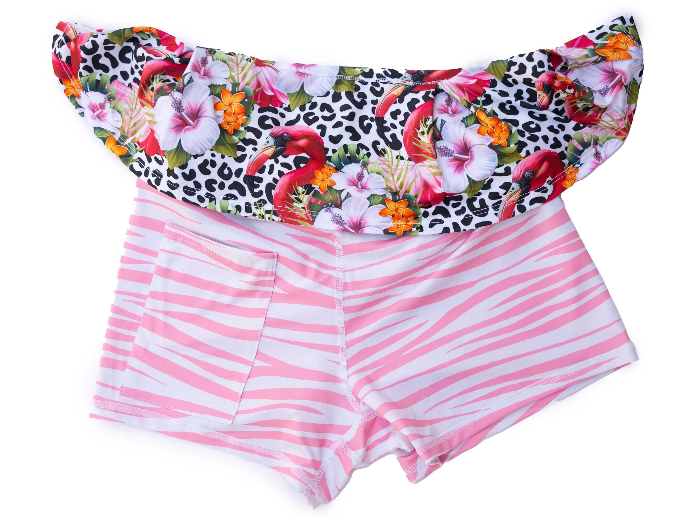 Two-piece swimsuit with floral top and striped shorts on a white background