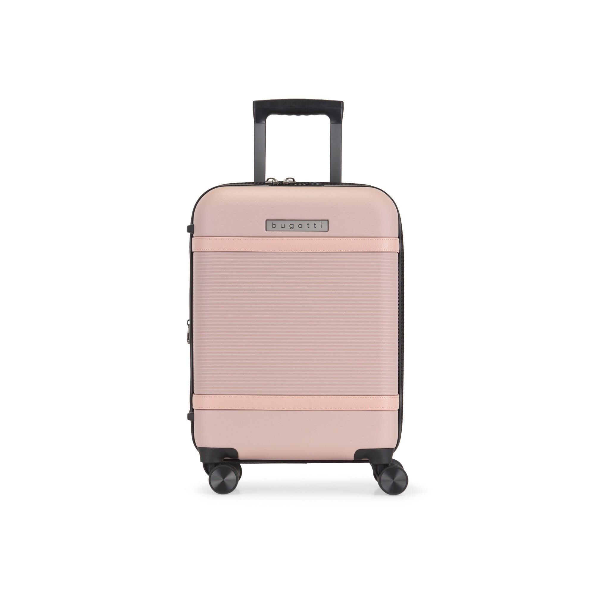 Pink suitcase with black wheels and handle on a white background