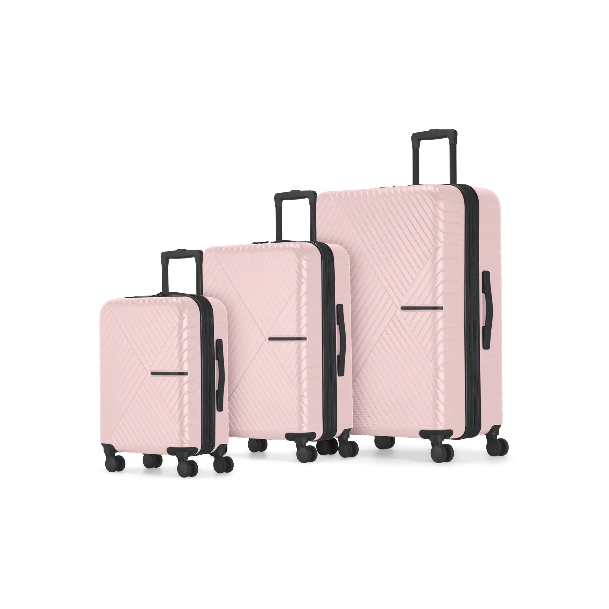 Set of three pink suitcases with black handles and wheels on a white background