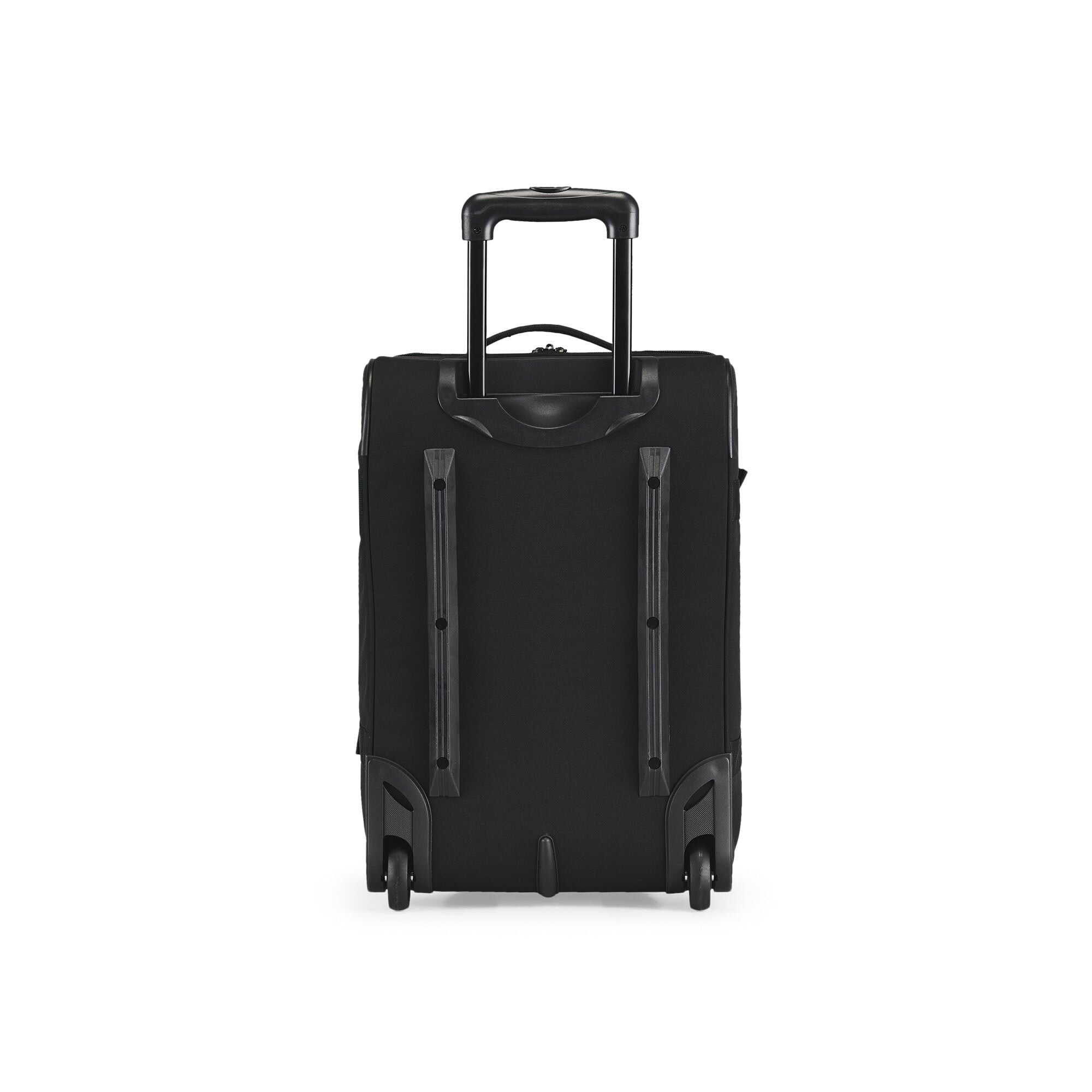 Black suitcase with wheels on a white background
