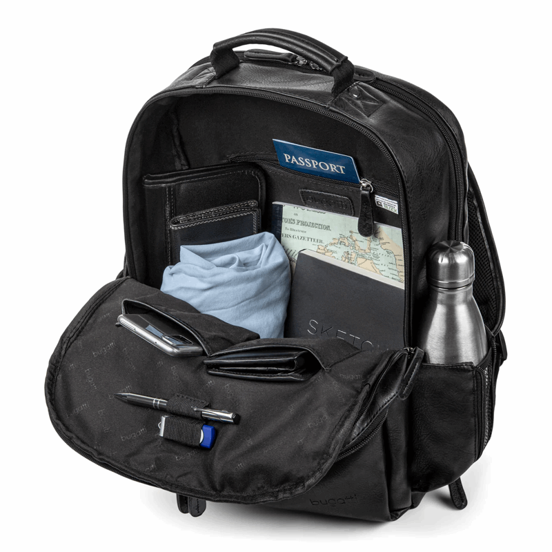 Black backpack with compartments containing a passport, clothing, and a water bottle on a white background