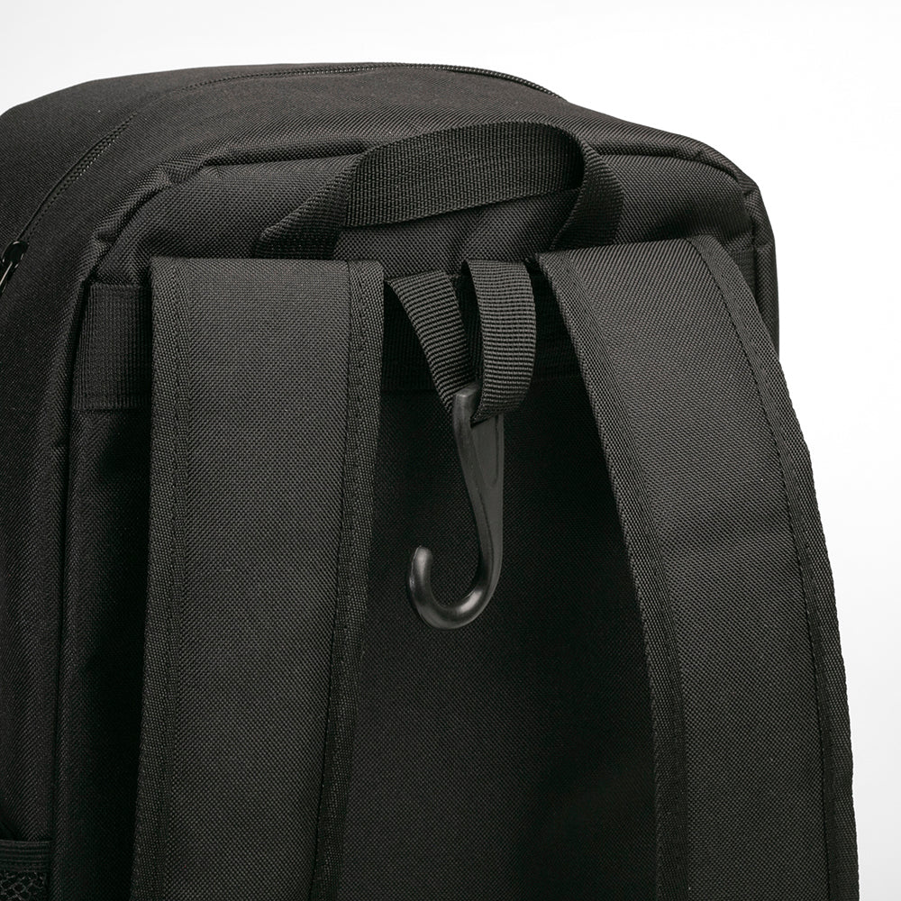 Close-up of a black backpack with a hook on a white background