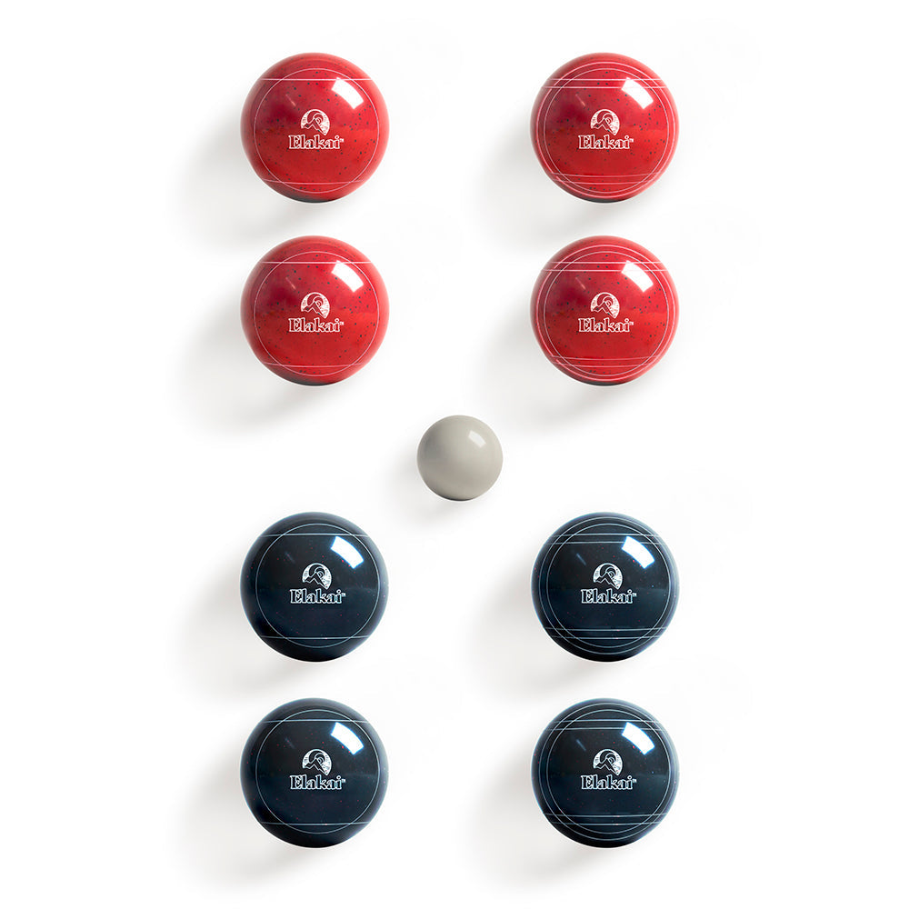 Set of red and blue bowls with a central gray ball on a white background