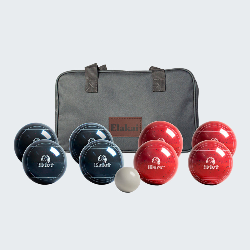 Boules set with red and blue balls and a gray carrying bag on a white background