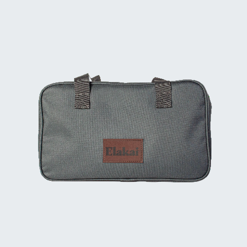 Gray bag with brown Elakai logo on a white background