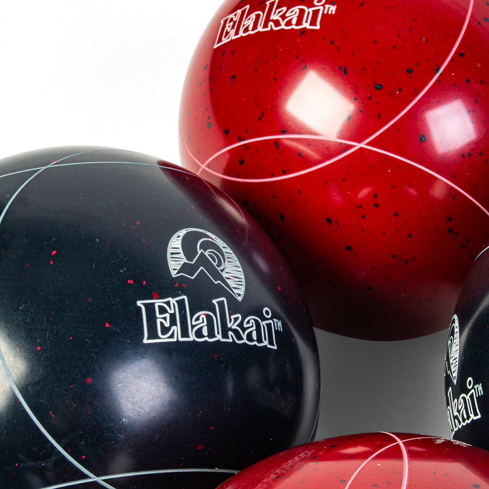 Three Elakai bowling balls in red, black, and another color on a white background.